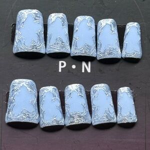 Blue and Silver Handmade Nail Design In Size S